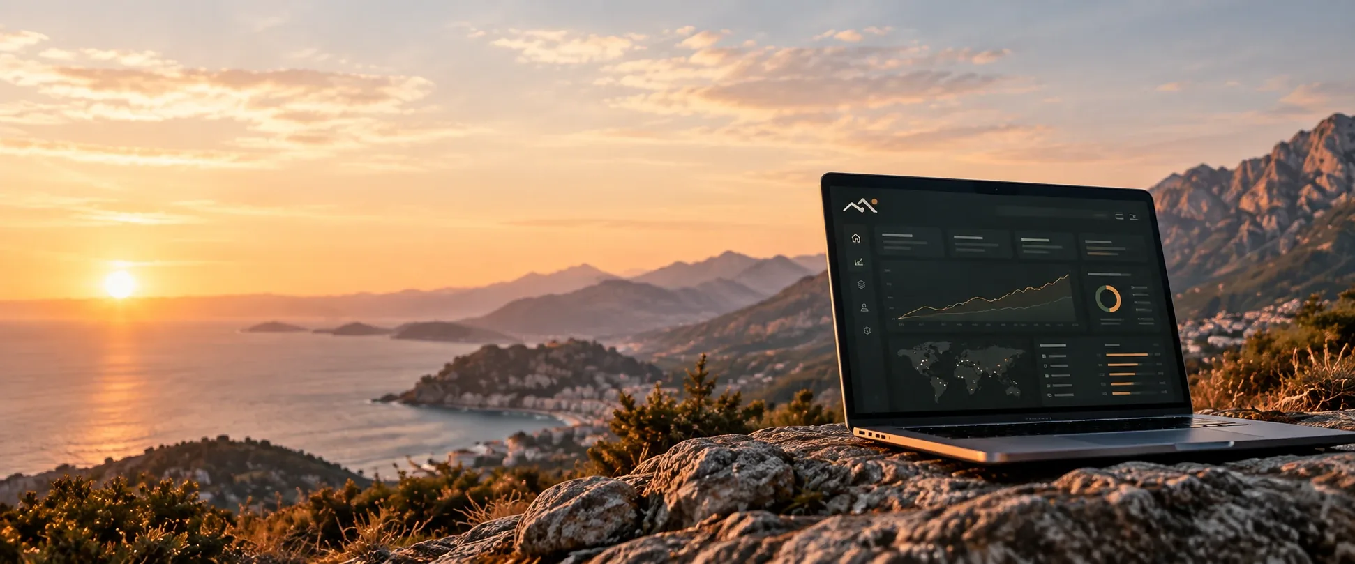 Notebook s marketingovým přehledem na skále nad mořem při západu slunce
